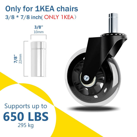 10x22mm Transparent 3 Inch Office Chair Casters Set Of 5 For Hardwood Floors Replacement Wheels, Easy Install No Tools Required, Smooth Rolling Rubber Roller Blades For Desk Chairs, Compatible With Standard Chair Mounts next to a weight capacity of 650 lbs.