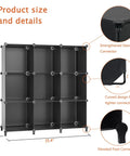 Nine Cube Closet Organizer Set For Bedroom And Office with product size and details, black stackable storage system, easy assembly.