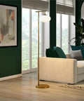 Go To 68 Inch Tall Arc Floor Lamp With Glass Shade In Brushed Brass And Milk White in a modern living room setting.