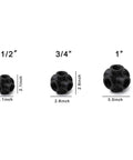 Three Quarter Inch Black Six Way Side Outlet Tee For Malleable Iron Pipe Fittings Industrial Vintage Style Flanges With Threaded Holes Ideal For DIY Projects Furniture And Shelving Decoration shown in different sizes with measurements, focusing on central size.