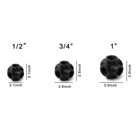 Three Quarter Inch Black Six Way Side Outlet Tee For Malleable Iron Pipe Fittings Industrial Vintage Style Flanges With Threaded Holes Ideal For DIY Projects Furniture And Shelving Decoration shown in different sizes with measurements, focusing on central size.
