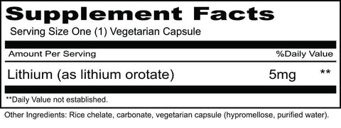 Supplement facts for Lithium Orotate 5mg Vegetarian Capsules, 100 Count, Non-GMO Gluten Free, Made in USA, Helps You Feel Great.