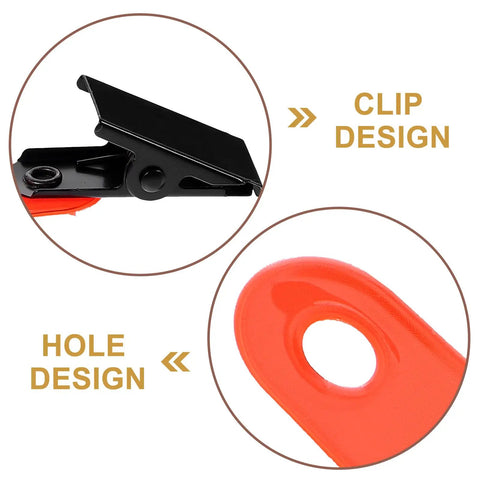 Glow Reflective Trail Marker Clips For Outdoor Hiking And Hunting Orange PVC Clips With Glow Tape detail view of clip and hole design.