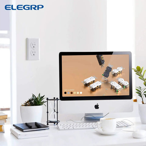 Tamper-Resistant Duplex Receptacle 15A 125V Wall Outlet With Wall Plate, computer displaying outlets, desk setup