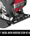Skil 7-1/4-inch circular saw base plate and blade area with red motor housing (front view)