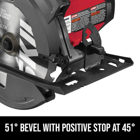 Skil 7-1/4-inch circular saw base plate and blade area with red motor housing (front view)