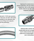 40 Inch Half Inch NPT Compressor Jumper Hose With Stainless Steel Braided Flex 304 Stainless Exterior 750F High Temp 450 PSI Rating 360 Degree Swivel Fittings Heavy Duty Air Line Connector For Shop And Garage features and design details.