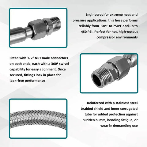 40 Inch Half Inch NPT Compressor Jumper Hose With Stainless Steel Braided Flex 304 Stainless Exterior 750F High Temp 450 PSI Rating 360 Degree Swivel Fittings Heavy Duty Air Line Connector For Shop And Garage features and design details.