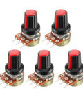 Five Pack 10K Ohm Variable Resistors, Single Turn Rotary Potentiometers With Carbon Film Taper, Knobs Included visible