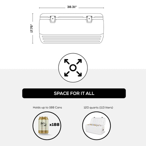 Diagram showing size and capacity of Beast Mode Heavy Duty 120 Qt Polar Cooler With UV Shield Lid Odor And Stain Resistant Liner
