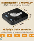 Image of Precision Coffee Scale With Timer for Espresso and Pour Over, showing LED display, USB C, 3kg capacity, and unit conversions.