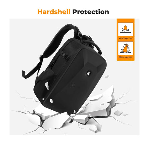 Hard Shell Camera Backpack For DSLR And Mirrorless Gear, Waterproof 22L Travel Case with rugged design breaking surface.