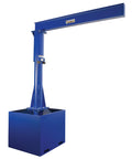 Built Tough Portable Jib Crane With Eight Foot Steel I Beam And 1000 Lb Capacity Rock Solid Blue Frame Concrete Fillable Base shown from an angle.