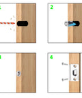 Installation steps for Heavy Duty Adjustable Door Ball Catch Set In Brushed Nickel With Spring Easy Install on wooden door.