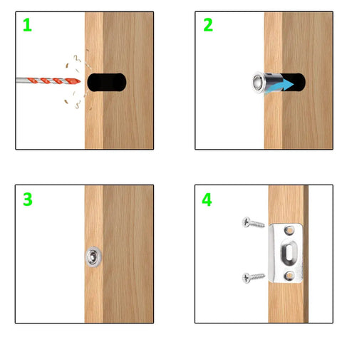 Installation steps for Heavy Duty Adjustable Door Ball Catch Set In Brushed Nickel With Spring Easy Install on wooden door.