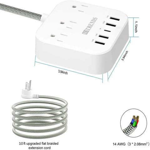 Beefy 10 Outlet Power Strip With 3 USB Ports And 1 USB C 1875W Surge Protector 3600 Joules Flat Plug with dimensions and braided cable