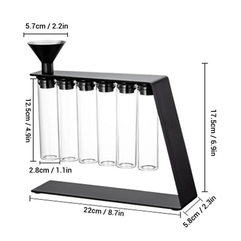 Glass Coffee Bean Storage Tubes Set Of Six With One Way Degassing Valve And Magnetic Stand And Single Dose Espresso Dosing Vials on display.