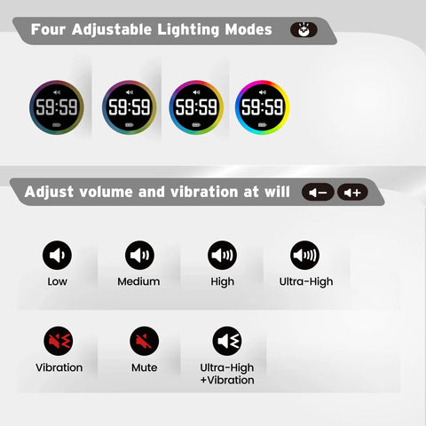 Magnetic Visual Timer With Flip Countdown And Silent Alarm For Work Study And Kitchen showing lighting modes and volume options.