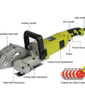Beast 8300W Wall Chaser Power Tool with labels on features, auxiliary handle, and five additional blades in packaging.