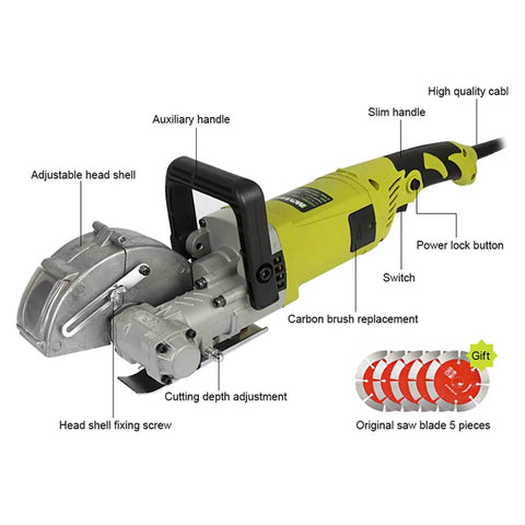 Beast 8300W Wall Chaser Power Tool with labels on features, auxiliary handle, and five additional blades in packaging.