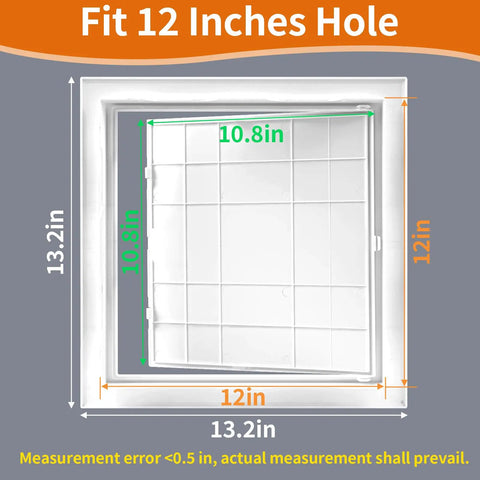 Front view of 12x12 Inch Waterproof PVC Wall Access Panel With Reinforced Hinged Door For Drywall And Ceiling Great For Plumbing And Wiring And Cables DIYers Paintable White, labeled dimensions.