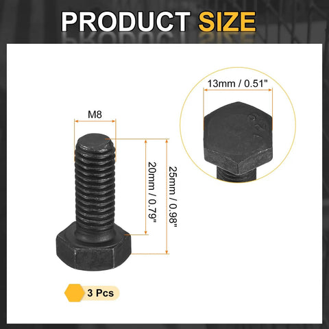 Three Pack M8 1.25 X 20mm Left Hand Hex Head Bolt Black Oxide Carbon Steel Reverse Thread Fastener Shop Grade dimensions