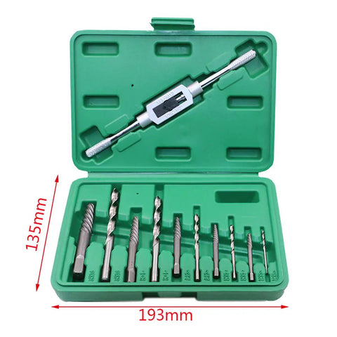 Pro Grade 11 Piece Damaged Screw Extractor Set for Removing Broken Screws and Bolts with Drill Bit Set in green case