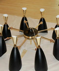 Twelve Head Aluminum Pendant Lamp For Dining Room Modern Hanging Chandelier Fixture Ultra Sleek Design showing black and gold design.