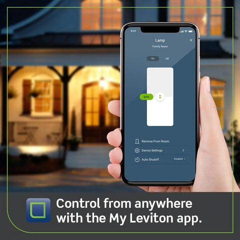 Hand holding smartphone showing My Leviton app controlling Decora Smart Dimmer Plug 2nd Gen Wi Fi No Hub Works With Matter Voice Control Alexa