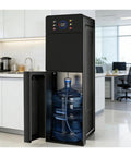 Black hot water dispenser that heats in 3 seconds with 3 temperature settings for kitchen and home office, compact design