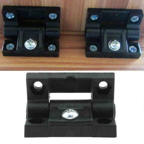 Four Pack Must Have Adjustable Torque Hinges Black For Doors Cabinets Wood Boxes Nylon Plastic Butt Hinge With Adjustable Angle Stop Durable Hardware For Furniture Projects And Electric Cabinets Enclosures installed on wood surface.