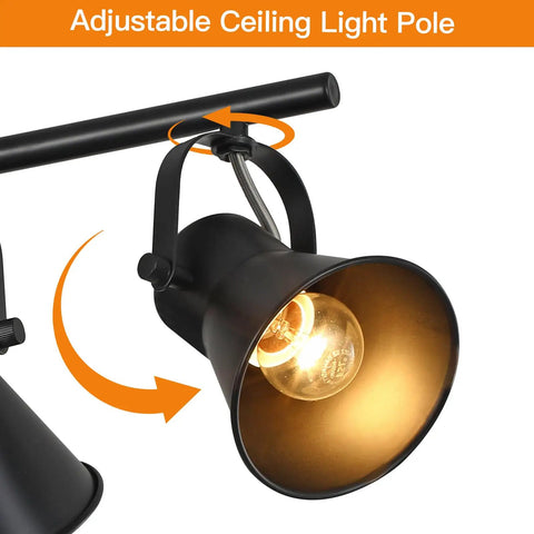Close-up of adjustable head on plug-in four light track lighting fixture in industrial black with long 14.7 foot wire