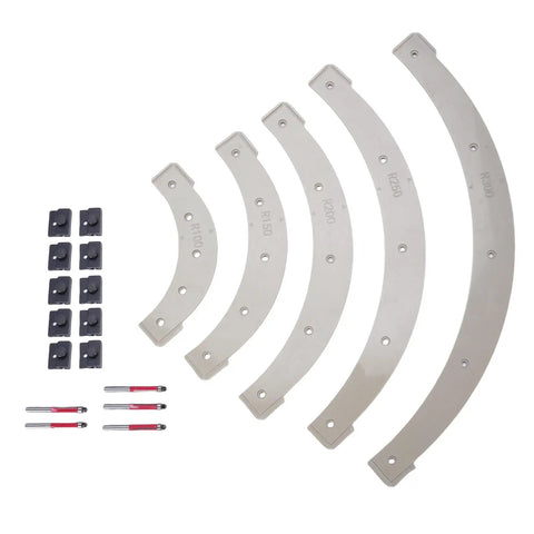 Score Bulls Eye Edges Every Time With This Built Tough Plastic Arc Template And Versatile Router Jig Kit featuring five arc guides and locks.