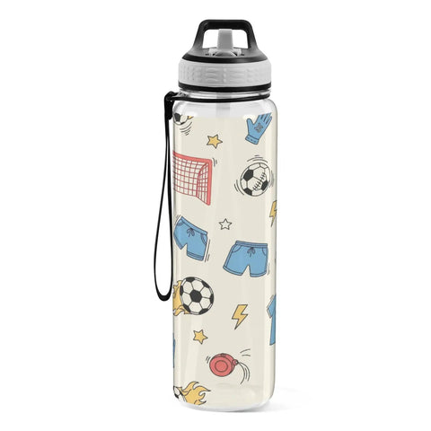 32 Oz Tritan Sports Water Bottle For Gym, Running, Hiking And Travel, BPA Free, Leakproof, with sports graphics and handle.
