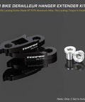 Black aluminum Beefed Up Bike Derailleur Hanger Extender Kit For 34T To 52T Flywheels With M10 Screws shown on gray surface