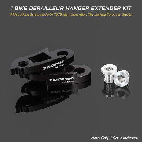 Black aluminum Beefed Up Bike Derailleur Hanger Extender Kit For 34T To 52T Flywheels With M10 Screws shown on gray surface