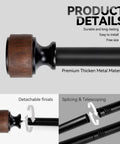Rustic Wood Curtain Rod With Heavy Duty Adjustable Length 1 Inch Diameter Drapery Rod Featuring Faux Wood Grain Finials Built To Last In Matte Black Walnut Modern Luxe Farmhouse Style Vibe For 36 To 88 Inch Windows close-up of wood finial and metal rod