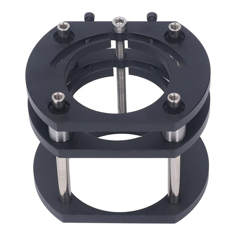 Precision Router Lift Table Mechanism Featuring Four Jaw Milling System Crank Handle Quick Height Tuning Solid Aluminum Alloy Base view from top, showcasing sturdy black aluminum construction.