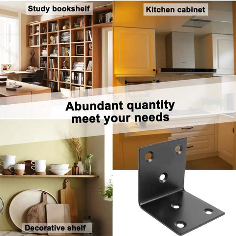 Twenty Piece Set Of Heavy Duty Black Corner Braces Crafted From Rock Solid Stainless Steel For Knockout Furniture Builds Rust Free Right Angle L Brackets Hardware Built Tough For Cabinets Drawers And Durable Wood Projects That Last Forever displayed alongside bookshelf and cabinet applications.