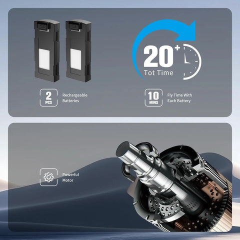 Two rechargeable batteries and detailed view of motor for Starter Friendly Beginner Drone With 1080P Camera And Brushless Motors Long Flight Time One Key Takeoff And Landing RC Quadcopter For Boys And Men Gifts Perfect For Birthdays And First Flights.