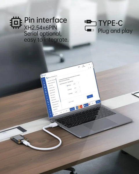 Laptop displaying software with Beefy Centimeter Level RTK GNSS Module With All Constellations GPS BDS GLONASS Galileo QZSS connected via USB-C