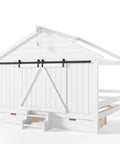 Kid Approved Full Size Floor Bed Frame With Sliding Barn Door And Built In Soft Glow Light, white wooden frame with steps.