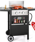 Two Burner Griddle Grill Combo With Cast Iron Plate, 20000 BTU Propane Gas BBQ For Camping, Patio Or Balcony, stainless steel surface.