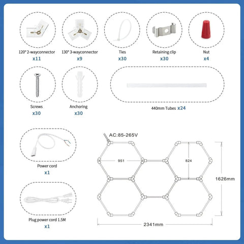 Hexagon LED Garage Light 192W 19200LM 5 Grid Honeycomb Ceiling Fixture 6500K Daylight installation components diagram