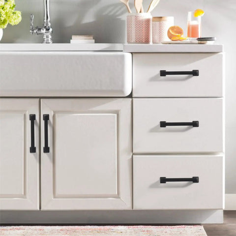 Badass Matte Black Cabinet Handles And Kitchen Drawer Pulls With 5 Inch Center To Center Spacing on modern white cabinets.