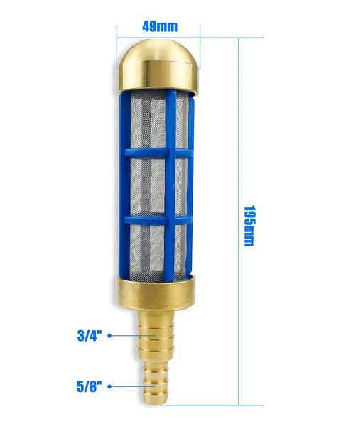 Pressure Washer Suction Strainer Filter For 3/4 Inch And 5/8 Inch Hoses, Brass Water Pickup Filter, side view with measurements