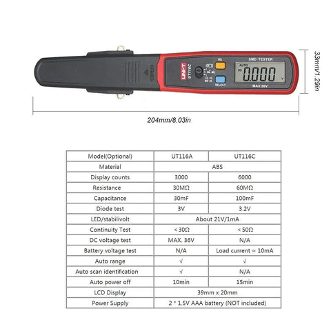 UT116C SMD Tester For Resistors, Capacitors, Diodes, And RCDs with auto range LCD displaying detailed specifications.