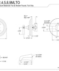 Technical drawing of Milano Tub And Shower Faucet In Oil Rubbed Bronze Finish With Antique Brass Accents, 7.5 in spout dimensions