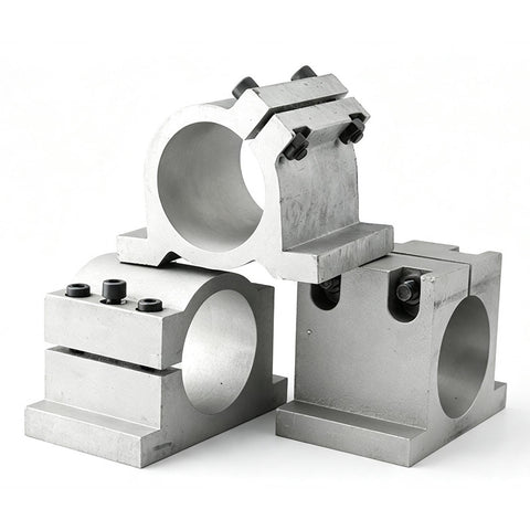Beefy Aluminum CNC Spindle Mount Bracket With Slick Quick Swap Universal 65Mm Or 80Mm Dual Bore Interface For Router Clamps, three views.