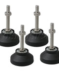 Four Pack Slick Adjustable Leveling Feet For Furniture And Home Cabinets M8 Threaded Black Table Leg Glides grouped together showing black rubber bases and threaded rods.